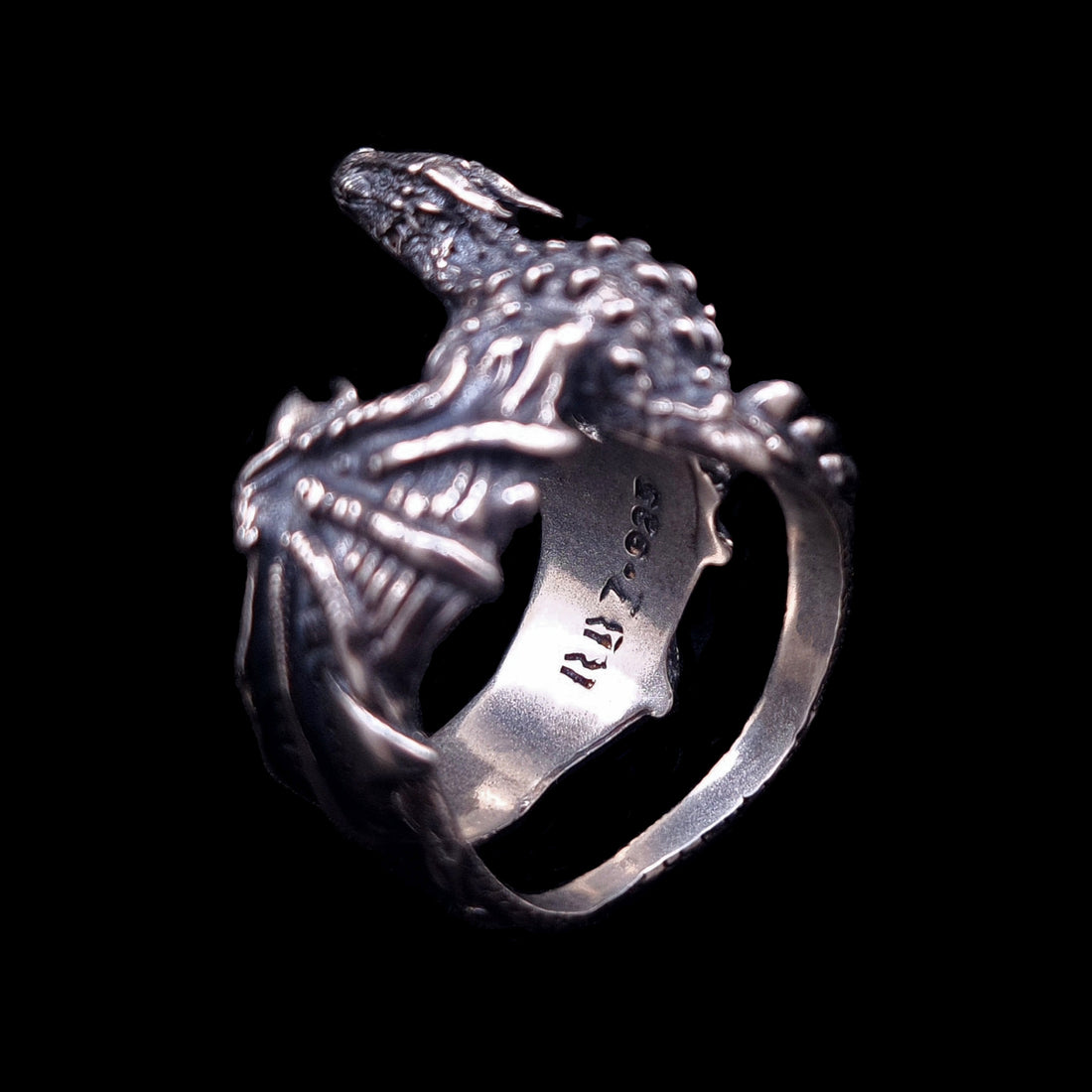 Gothic sterling silver dragon ring by RBZ Jewelry, highlighting the signature brand logo, 925 hallmark, and intricate details.