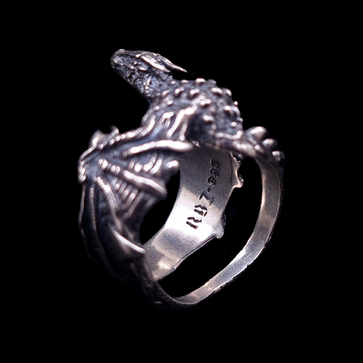 Gothic sterling silver dragon ring by RBZ Jewelry, highlighting the signature brand logo, 925 hallmark, and intricate details.
