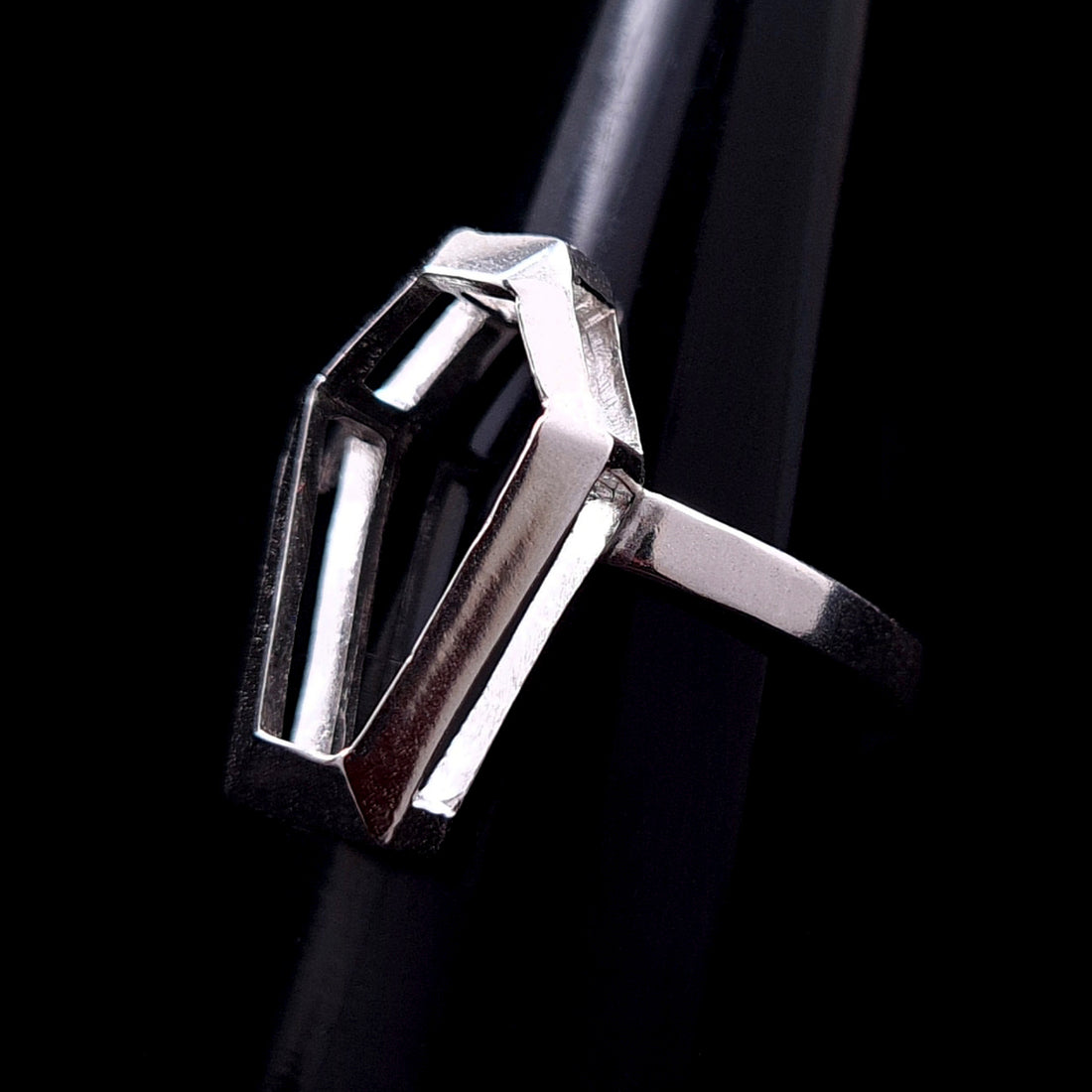 Sterling silver minimalist coffin ring by RBZ Jewelry, featuring a hollow geometric frame and architectural Gothic design.