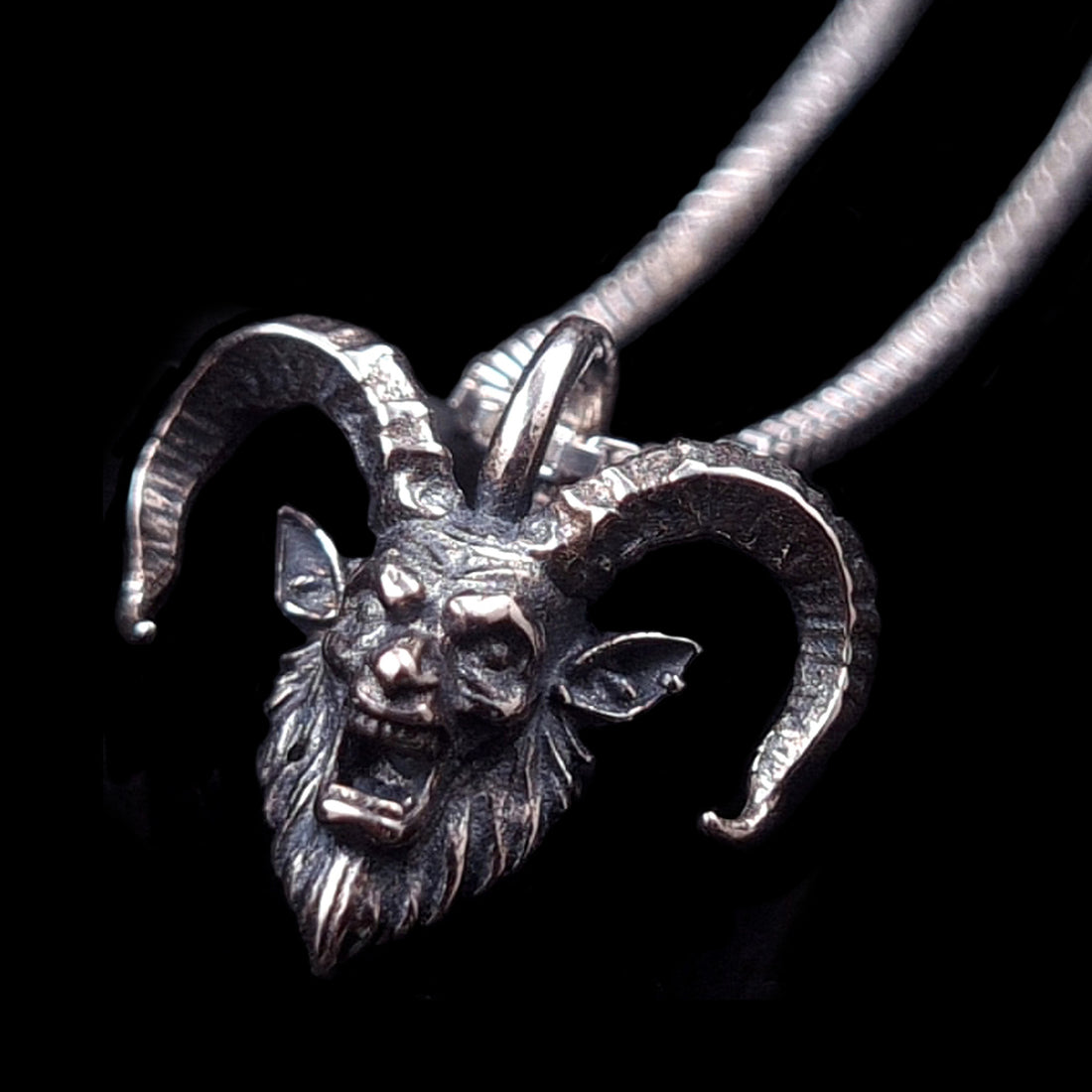 RBZ Jewelry Gothic Sterling Horned Demon pendant: An oxidized sterling silver demon head with intricate snarling facial details and large, ridged, curved horns, shown on a silver chain against a solid black background.