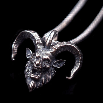 RBZ Jewelry Gothic Sterling Horned Demon pendant: An oxidized sterling silver demon head with intricate snarling facial details and large, ridged, curved horns, shown on a silver chain against a solid black background.