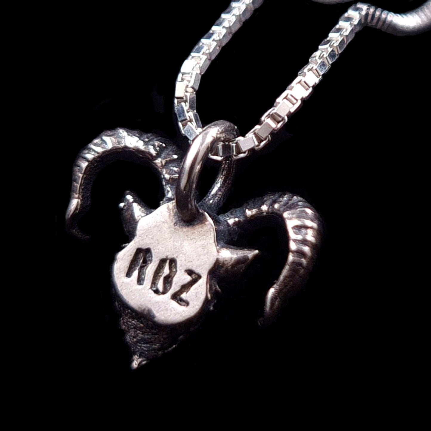 RBZ Jewelry Gothic Sterling Horned Demon pendant back view: The reverse side of the oxidized sterling silver demon head featuring the RBZ brand hallmark stamp, shown on a silver box chain against a solid black background.