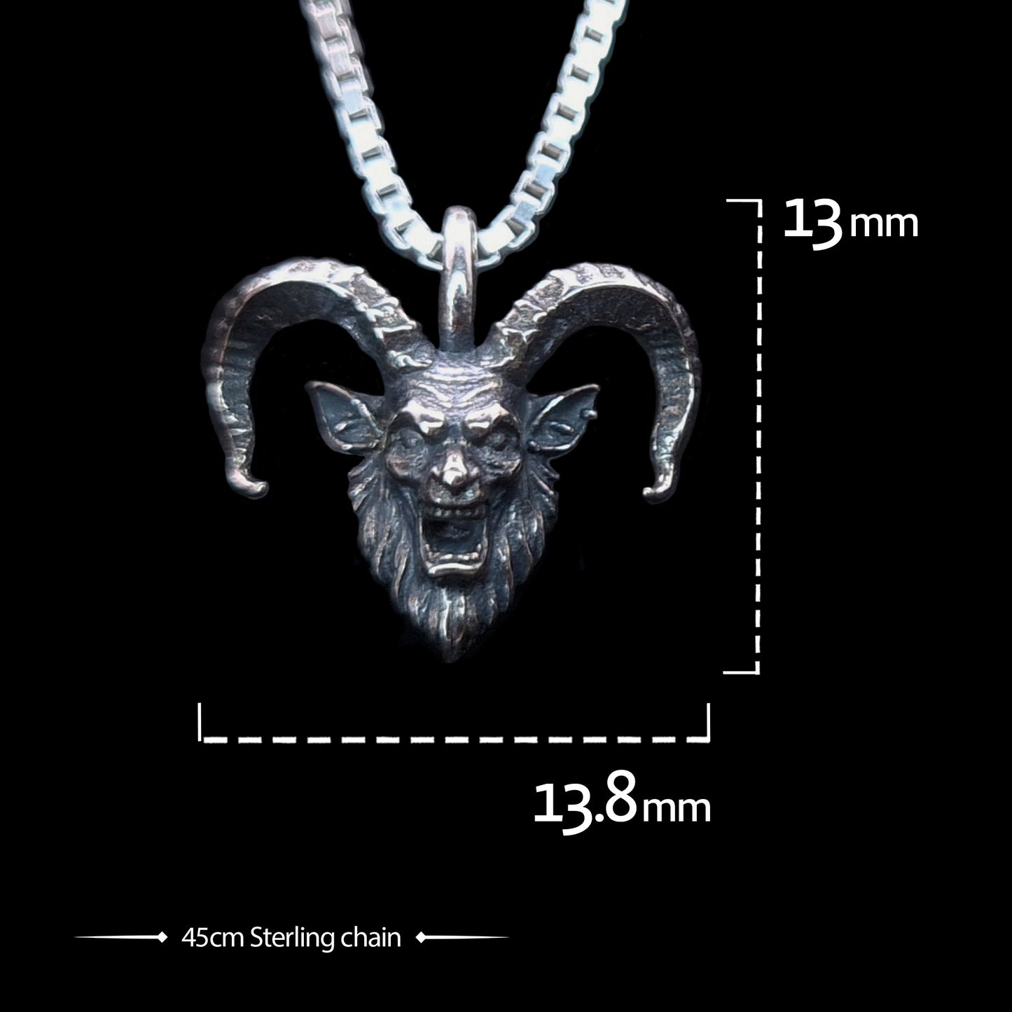RBZ Jewelry Gothic Sterling Horned Demon pendant front view with technical specifications: The oxidized sterling silver demon head measures 13mm in height and 13.8mm in width, shown suspended from a 45cm sterling silver box chain against a solid black background.