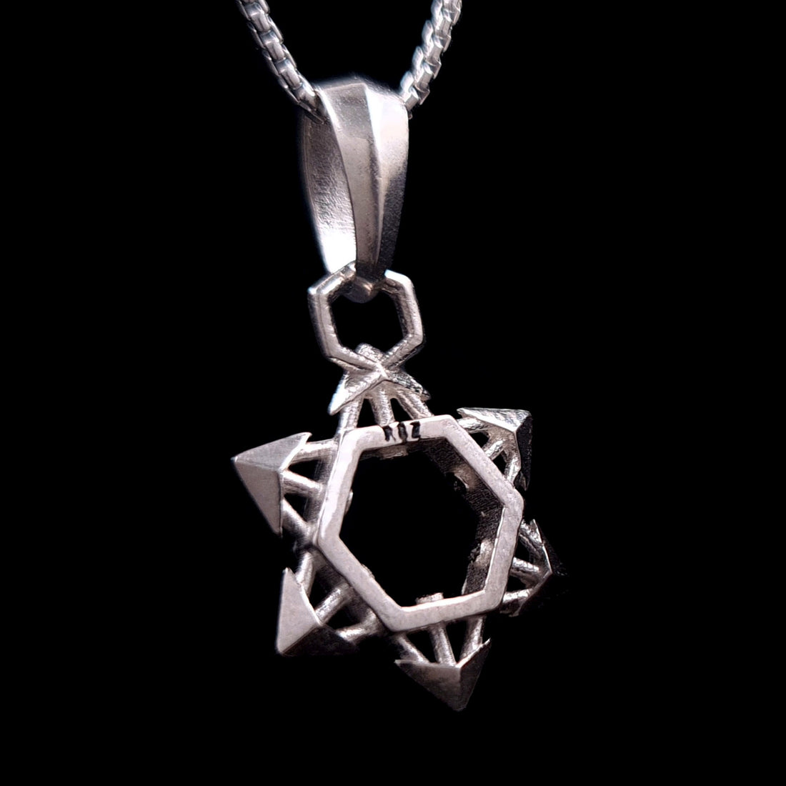 Back view of RBZ Jewelry Sterling Silver Industrial Star of David Pendant, highlighting the internal RBZ logo hallmark and the reinforced 3D geometric architecture.