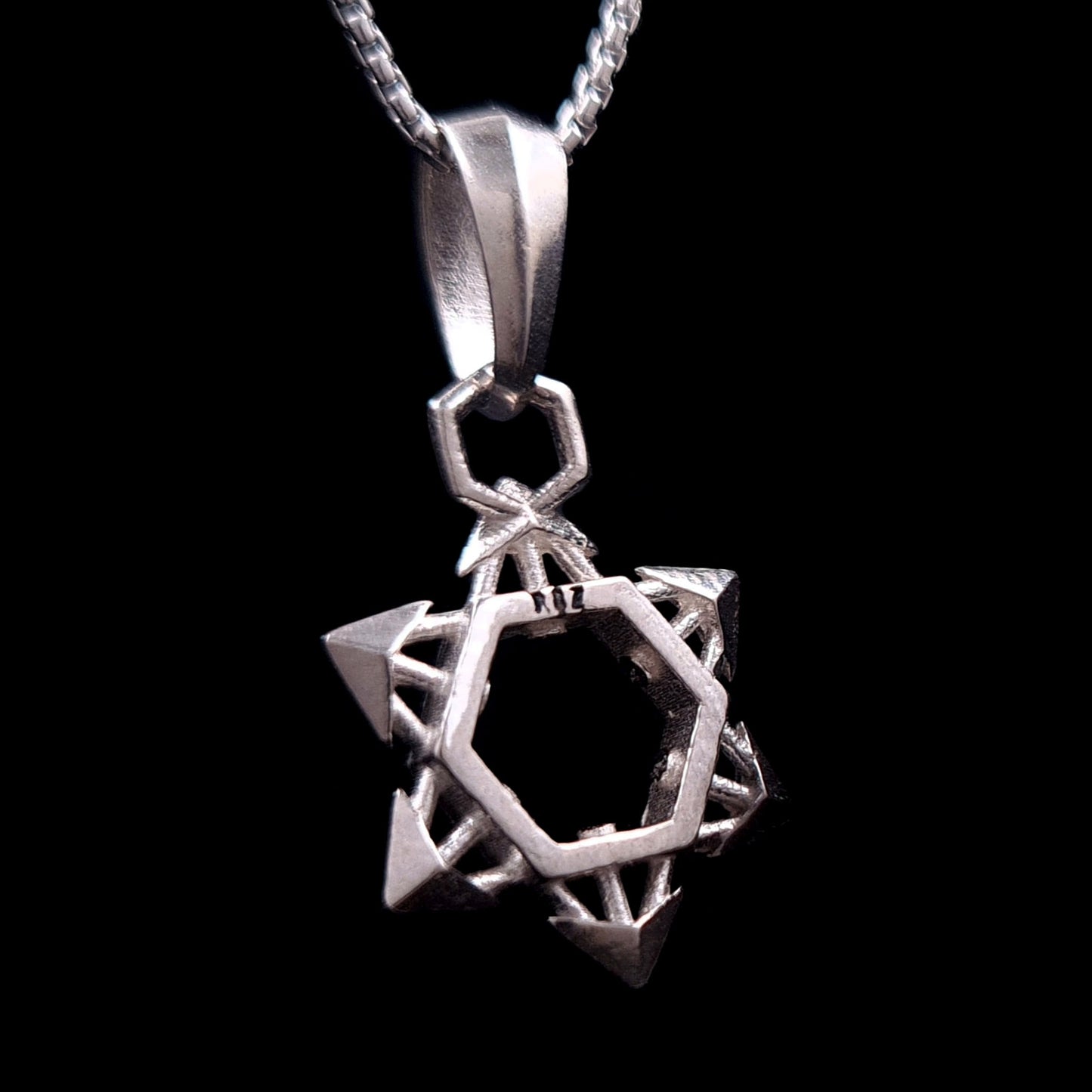 Back view of RBZ Jewelry Sterling Silver Industrial Star of David Pendant, highlighting the internal RBZ logo hallmark and the reinforced 3D geometric architecture.