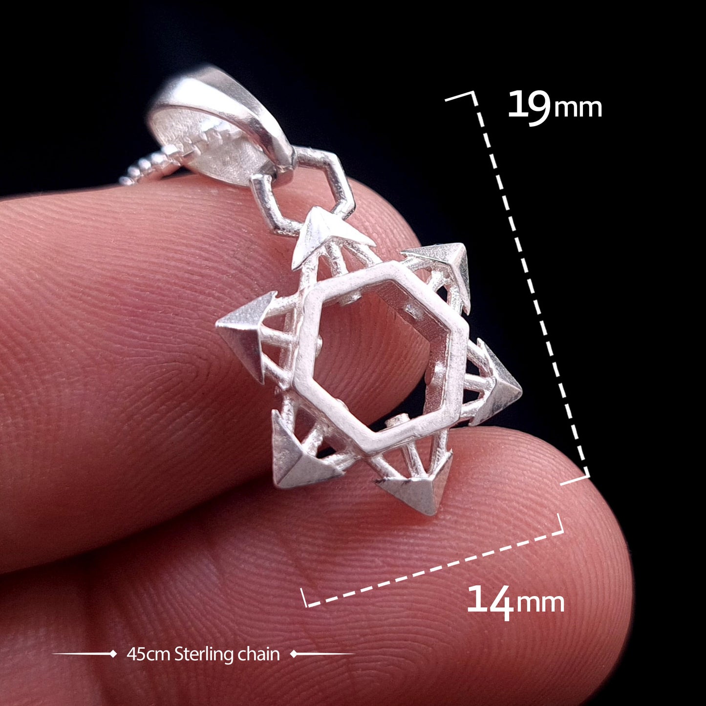 RBZ Jewelry Sterling Silver Industrial Star of David Pendant held in hand for scale, featuring measurement overlays showing 19mm height, 14mm width, and a 45cm sterling silver chain.