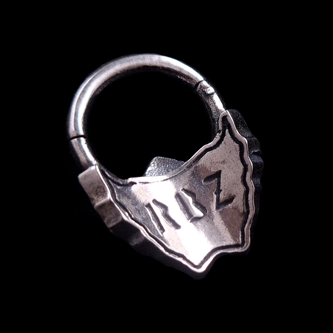 Back view of the Sterling silver Samurai Oni mask septum ring by RBZ Jewelry, showing the RBZ logo engraving and the secure clicker mechanism.