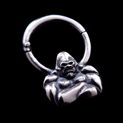 Detailed sterling silver Jungle Gorilla septum clicker ring by RBZ Jewelry, featuring a high-relief muscular gorilla bust with a polished finish and intricate anatomical details against a black background.