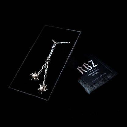 Sterling silver Flail Crusher pendant by RBZ Jewelry presented in a black branded box, highlighting the gothic medieval weapon design and handcrafted spiked morning star spheres.