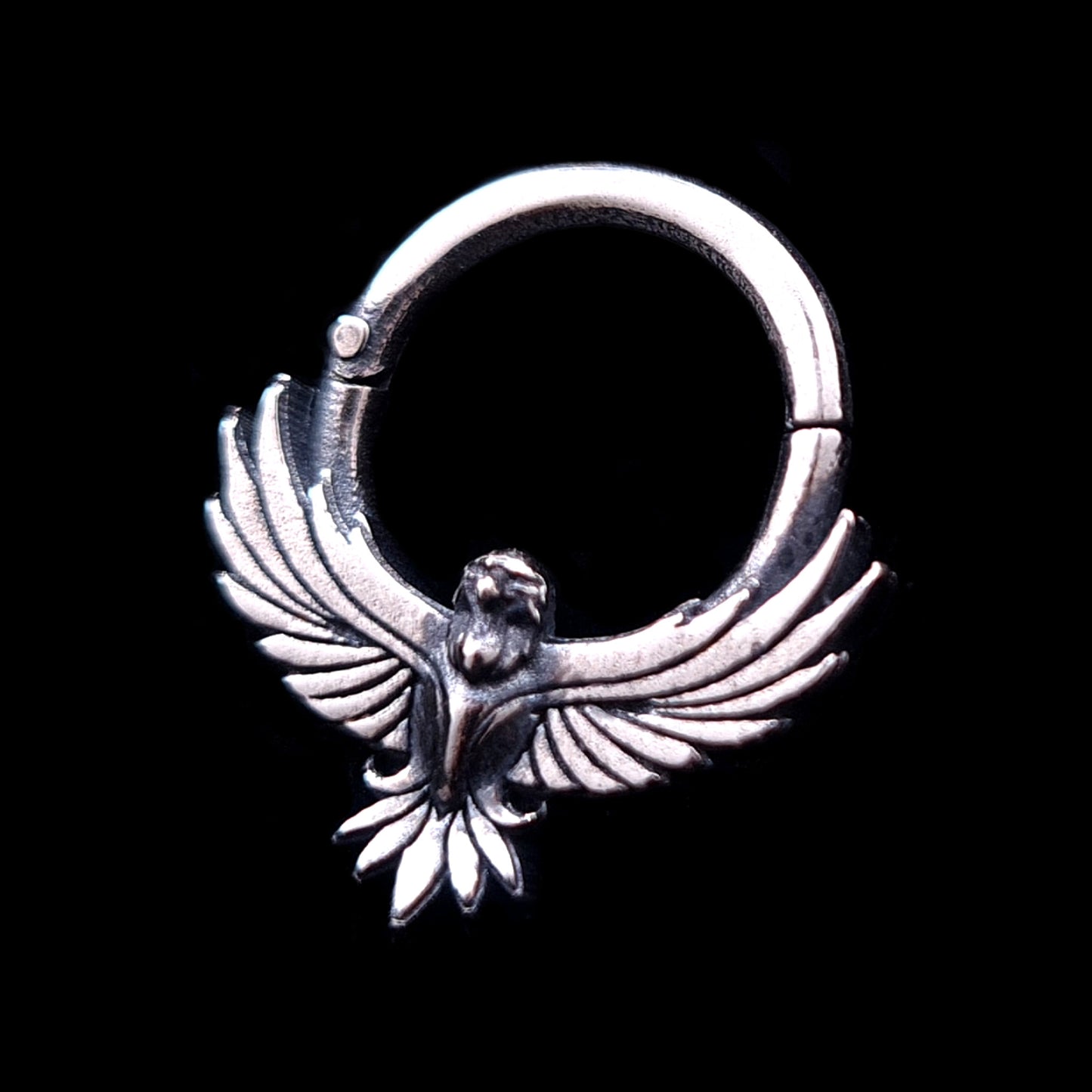 Sterling silver Tribal Eagle septum ring by RBZ Jewelry featuring an intricately detailed eagle with outstretched wings and a gothic-inspired oxidized finish.