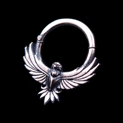 Sterling silver Tribal Eagle septum ring by RBZ Jewelry featuring an intricately detailed eagle with outstretched wings and a gothic-inspired oxidized finish.