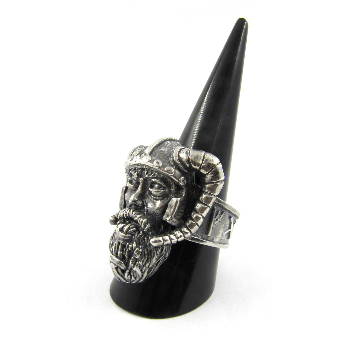 Sterling silver Viking warrior ring by RBZ Jewelry displayed on a black conical ring stand, showcasing the detailed warrior face and runic engravings against a white background.
