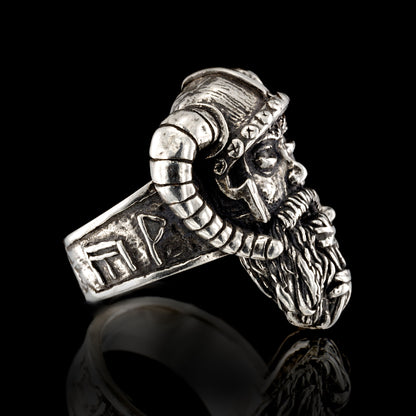 A macro view of the left-hand side profile of the RBZ Jewelry Sterling silver Viking Warrior ring. This detailed perspective focuses on the intricate outer shank band, which prominently displays a sequence of four hand-sculpted runic inscriptions, including the Axe-Hammer (Mjöllnir), and specific symbols for Joy, Wealth, and Giving, as described in the product details. The detailed left-side profile of the weathered warrior’s face and beard is also clearly visible. The aged silver ring rests on a black BG.